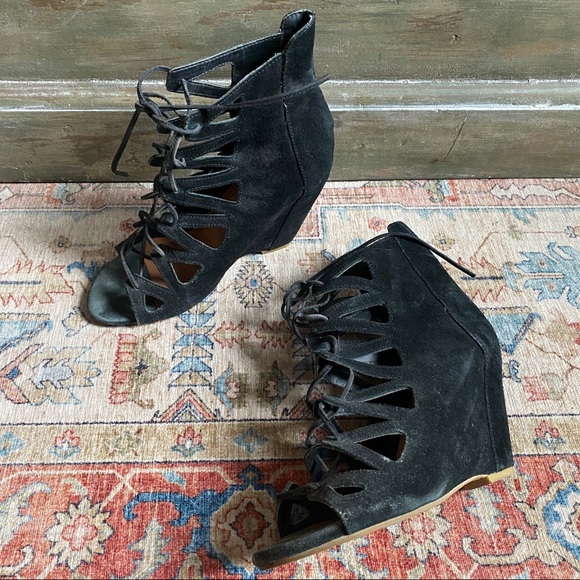 FASHIONTOAST RUMI NEELY NINE WEST SUEDE LEATHER GLADIATOR LACE UP WEDGES 8 Y2K - Picture 5 of 9